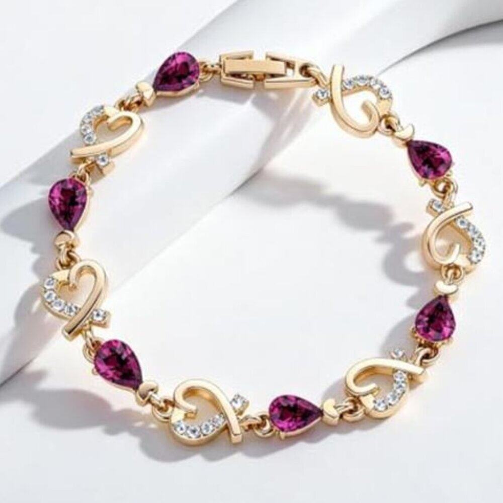 14K Gold Plated Heart Link Bracelet Crystal Rhinestone Love Minimalist Jewelry